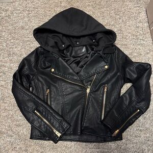 Blank NYC Black Hooded Faux Leather Moto Jacket with Gold Hardware
